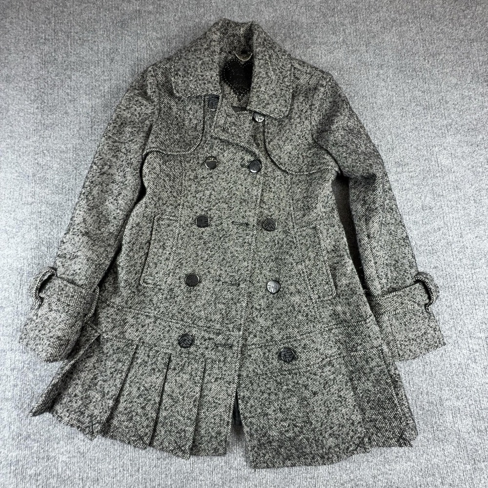 Guess Pea Coat Womens Medium Gray Wool Blend Herringbone Pleated Hem Tweed